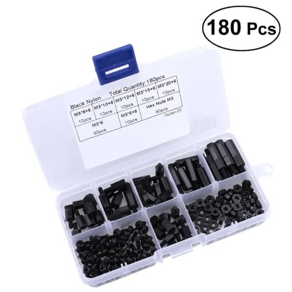 180pcs M3 Nylon Spacers Screws Nuts Hexagon Studs Box Kit