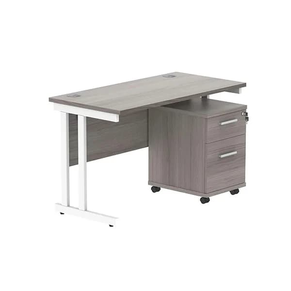 Double Upright Rectangular Desk + 2 Drawer Mobile Under Desk Pedestal