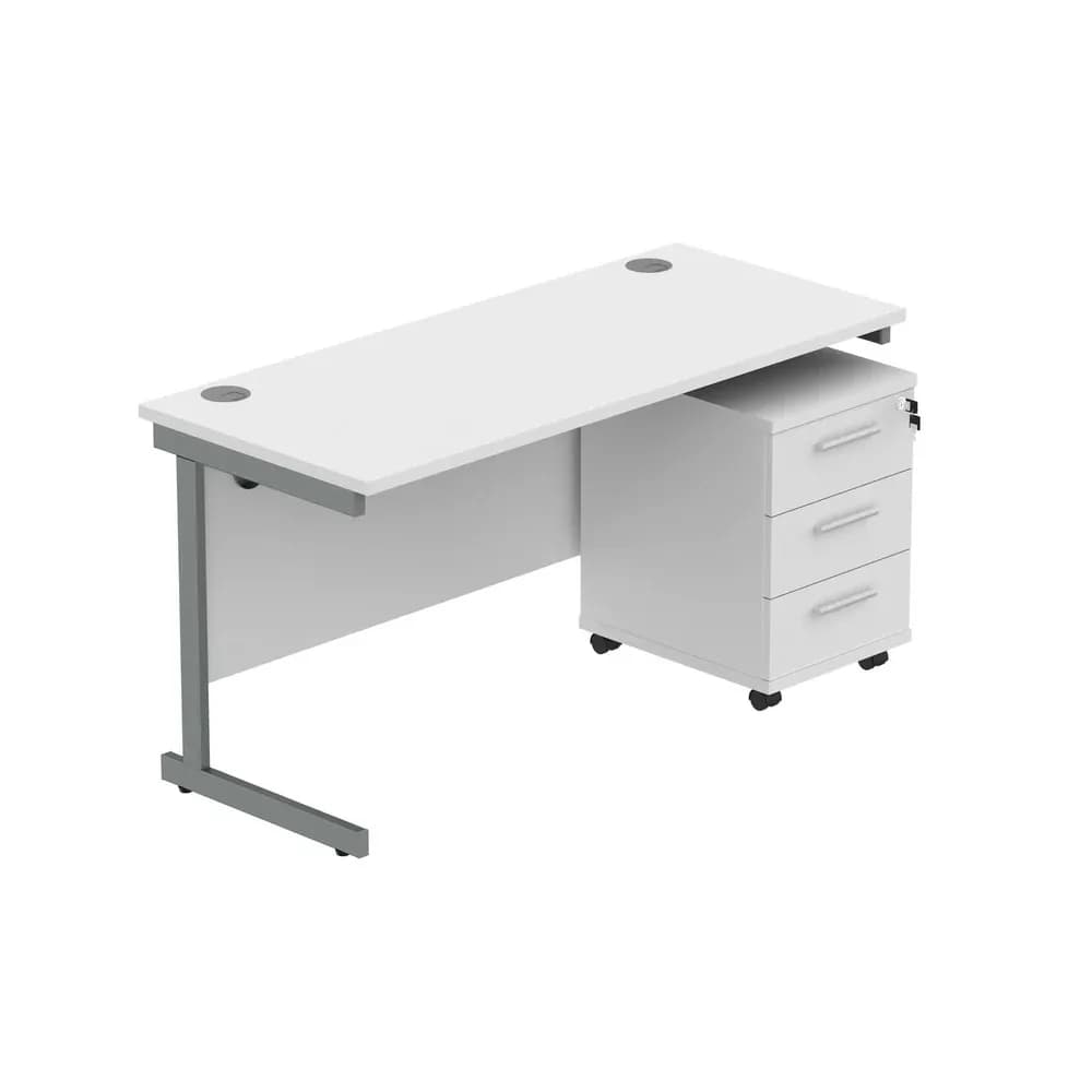 Single Upright Rectangular Desk + 3 Drawer Mobile Under Desk Pedestal